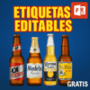 Cuatro botellas de cerveza diferentes (Tecate, Modelo, Corona Extra y Pacífico) se encuentran una junto a la otra sobre un fondo azul. Un gran texto amarillo dice "Etiquetas Editables" y "GRATIS" aparece en blanco en la esquina inferior derecha.