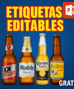 Cuatro botellas de cerveza diferentes (Tecate, Modelo, Corona Extra y Pacífico) se encuentran una junto a la otra sobre un fondo azul. Un gran texto amarillo dice "Etiquetas Editables" y "GRATIS" aparece en blanco en la esquina inferior derecha.