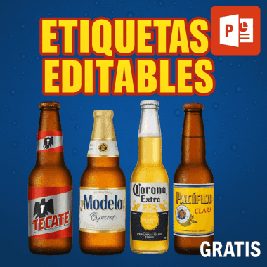 Cuatro botellas de cerveza diferentes (Tecate, Modelo, Corona Extra y Pacífico) se encuentran una junto a la otra sobre un fondo azul. Un gran texto amarillo dice "Etiquetas Editables" y "GRATIS" aparece en blanco en la esquina inferior derecha.