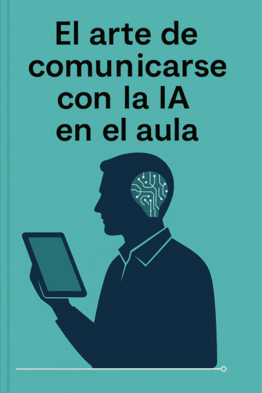 Portada de un libro con el título "El arte de comunicarse con la IA en el aula" sobre la silueta de una persona que sostiene una tableta, con un circuito en la cabeza que simboliza la inteligencia artificial.