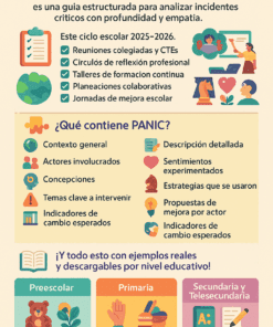 Infografía colorida titulada "PANIC", guía para analizar incidentes escolares 2025-2026. Enumera contenidos como contexto, actores, estrategias y ejemplos por nivel: preescolar, primaria y secundaria.