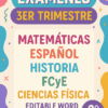 Colorido cartel educativo con el texto: “Exámenes 3er trimestre” y una lista de materias: Matemáticas, Español, Historia, FCyE, Ciencias Físicas. Dice “Palabra editable con respuestas, 2° grado”.
