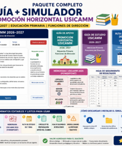 Infografía para la guía y el simulador USICAMM 2026-2027, que muestra guías de estudio, herramientas de simulación, recursos, un rastreador de progreso, errores y archivos editables para la promoción de la dirección de educación primaria. Iconos coloridos y secciones organizadas.