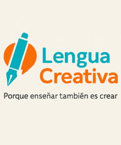 Logotipo con una pluma estilográfica turquesa dentro de un bocadillo naranja, junto al texto 
