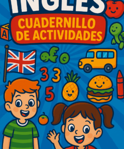 Cuadernillo de Inglés – Primaria NEM | Fase 3 8 Colorida portada de un libro de actividades en inglés para niños con un niño y una niña sonriendo, saludando, frutas, números, un autobús, una hamburguesa, un lápiz de color, una bandera del Reino Unido y animales de dibujos animados sobre fondo azul.