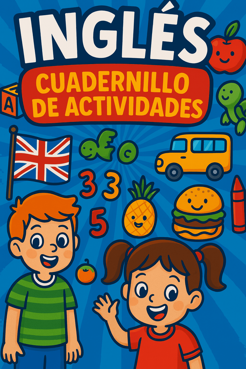 Cuadernillo de Inglés – Primaria NEM | Fase 3 2 Colorida portada de un libro de actividades en inglés para niños con un niño y una niña sonriendo, saludando, frutas, números, un autobús, una hamburguesa, un lápiz de color, una bandera del Reino Unido y animales de dibujos animados sobre fondo azul.