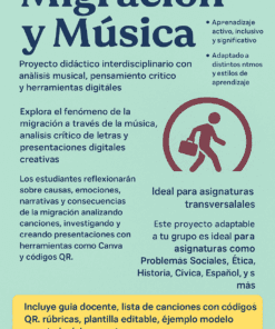 Cartel que promueve un proyecto interdisciplinar sobre migración y música, haciendo hincapié en el análisis musical, las herramientas digitales y las habilidades sociales. Incluye los beneficios del curso, temas e iconos de aprendizaje y características del proyecto.