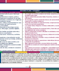 Página de un documento educativo con fondo rojo y azul. Incluye listas de problemas principales en la comunidad escolar y problemas académicos. Al pie, una franja colorida y el texto 