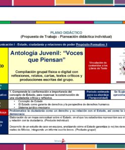 Colorido plan educativo en español para un proyecto de antología juvenil, con ilustración de la cubierta del libro, encabezados de sección en negrita, bloques de texto con objetivos, justificación, métodos y criterios de evaluación para la educación cívica.