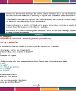 Una diapositiva didáctica en español expone los objetivos para estudiar la evolución del sistema jurídico mexicano, centrándose en el Estado, las leyes y la ciudadanía, con una sección destacada para crear un mapa conceptual del Estado.