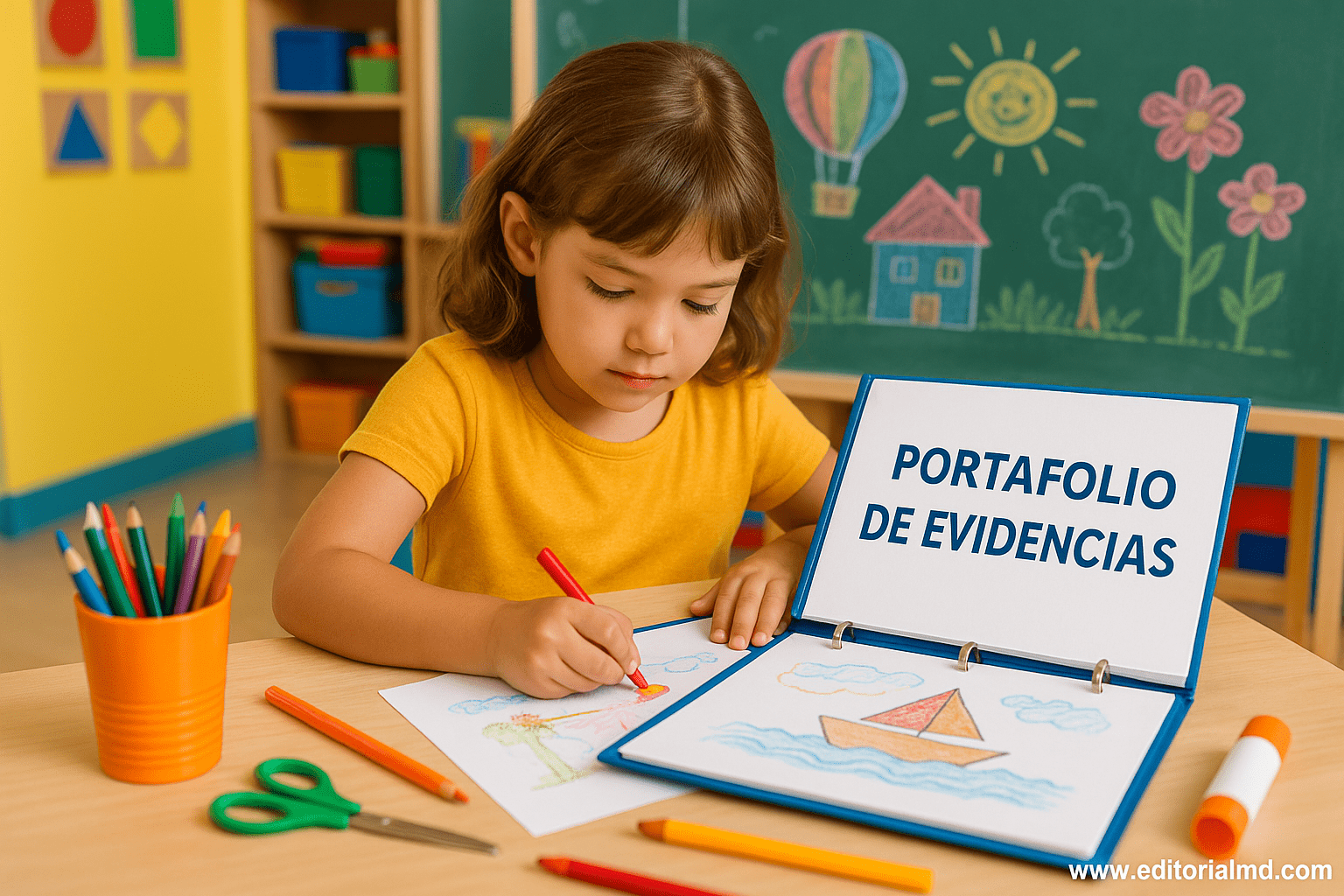 Portafolio de Evidencias: Qué es, para qué sirve y cómo aplicarlo en el aula 3 Una niña dibuja con lápices de colores en su escritorio. Junto a ella, un portafolios de evidencias contiene el dibujo de un barco. Al fondo se exhiben decoraciones del aula y coloridos dibujos de estudiantes.