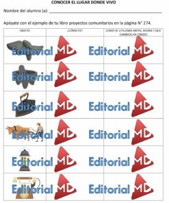 Un cuadro con tres columnas etiquetadas "Objeto", "¿Cómo es?" y "Cómo se utilizaba antes, ahora y que cambios ha tenido". Las filas presentan imágenes como una escultura, una carreta de bueyes y una estatua, cada una parcialmente cubierta por el logotipo de "Editorial MD".