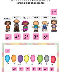 Seis niños de dibujos animados llamados Víctor, Ángel, María, Raúl, Fran y Sara están de pie en fila, cada uno con un número sobre la cabeza (5°, 4°, 2°, 3°, 6°, 1°). Debajo, siete globos de colores numerados 4°, 8°, 7°, 3°, 2°, 6° y 5°.
