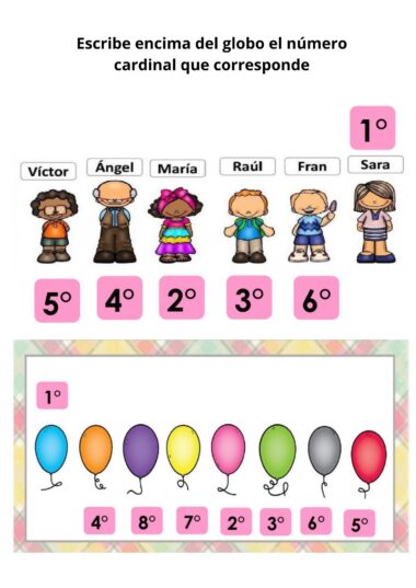 Seis niños de dibujos animados llamados Víctor, Ángel, María, Raúl, Fran y Sara están de pie en fila, cada uno con un número sobre la cabeza (5°, 4°, 2°, 3°, 6°, 1°). Debajo, siete globos de colores numerados 4°, 8°, 7°, 3°, 2°, 6° y 5°.