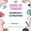 Colorida portada de hoja de trabajo en español con niños de dibujos animados, material escolar y texto: "Hojas de trabajo: Matemáticas y Lectoescritura. Pertenece a: _____. 1er Grado". Fondo rosa punteado.