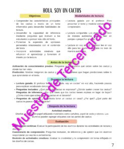 Guía didáctica en español sobre los cactus con secciones sobre objetivos, actividades de lectura y evaluación. El fondo es blanco con títulos de colores y una marca de agua que dice 