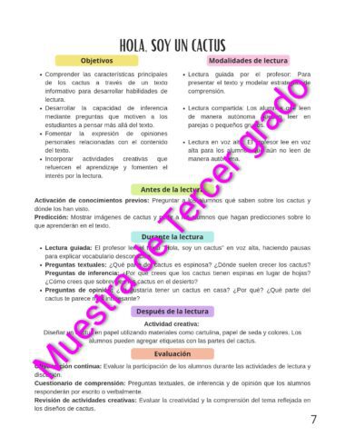 Guía didáctica en español sobre los cactus con secciones sobre objetivos, actividades de lectura y evaluación. El fondo es blanco con títulos de colores y una marca de agua que dice "Muestra de tercer grado.