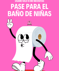 Un rollo de papel higiénico de dibujos animados con brazos, piernas y un signo de la paz camina alegremente. Sobre él, un texto en español dice: 