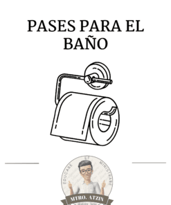 Imagen en blanco y negro con el texto "Pases para el baño" en negrita sobre el dibujo de un rollo de papel higiénico en un soporte. Debajo aparece un avatar de dibujos animados con gafas y el texto "MTRO. ATZIN" dentro de una cinta.