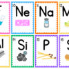 Un conjunto de tarjetas de colores que representan elementos: F con pasta de dientes, Ne con un cartel abierto, Na con un salero, Mg con verduras, Al con papel de aluminio, Si con rocas de silicio, P con fósforos y S con cáscaras de huevo rotas.