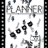 Una portada de Cats Planner con el título "My Planner" rodeado de huellas de patas azules y un juguetón gato de dibujos animados en blanco y negro asomándose detrás del título, con pájaros volando alrededor de su cabeza.