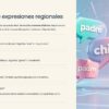 Diapositiva educativa sobre el juego de expresiones regionales con jerga mexicana como «Chido», «Padre» y «Bacano» en burbujas 3D.