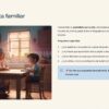 Una mujer mayor y un niño sentados a una mesa realizando la actividad «Entrevista familiar».