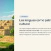 Pirámide mesoamericana entre árboles, junto al texto «Las lenguas como patrimonio cultural», sobre el legado indígena.