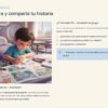 Niño sentado en un escritorio coloreando dibujos de un castillo y un zorro, junto a unas instrucciones escolares en español.