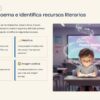 Guía educativa sobre recursos literarios: rima, metáfora, ritmo e imágenes, con un alumno leyendo en clase.