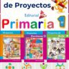 Portada de un "Cuadernillo de Proyectos" para alumnos de primer curso de primaria. Presenta un león de dibujos animados, texto en color y tres áreas de proyectos: Comunitarios, Escolares y de Aula, con niños ilustrados en escenas de aula y al aire libre.