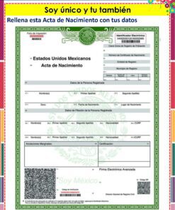 Plantilla de acta de nacimiento mexicana con campos en blanco para información personal, un borde verde, sello oficial y un código QR en la parte inferior. Las instrucciones de arriba dicen: 