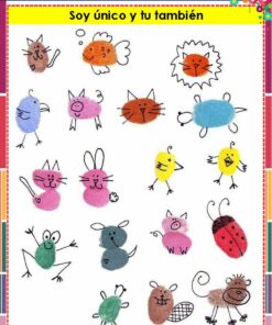 Sobre papel blanco se dibujan coloridos animales y criaturas con la huella del pulgar, cada uno de ellos con decoraciones únicas que recuerdan a gatos, perros, ratones, pájaros, un león, un cerdo, una rana, una mariquita y un pez. El título en español dice: 
