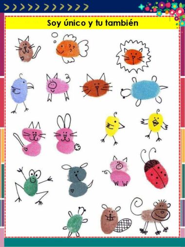 Sobre papel blanco se dibujan coloridos animales y criaturas con la huella del pulgar, cada uno de ellos con decoraciones únicas que recuerdan a gatos, perros, ratones, pájaros, un león, un cerdo, una rana, una mariquita y un pez. El título en español dice: "Soy único y tú también.