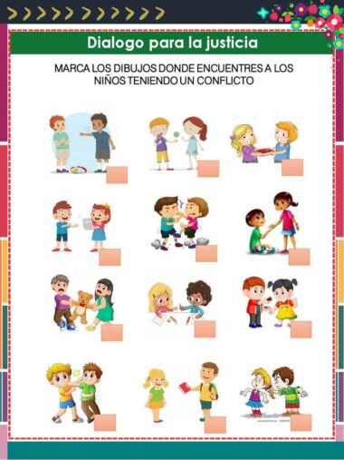 El título en la parte superior dice "Diálogo para la justicia". La imagen muestra doce ilustraciones de niños; algunos están jugando o compartiendo, mientras que otros están discutiendo, peleando o disgustados, representando diferentes interacciones y conflictos sociales.