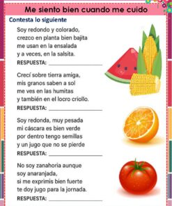 Una colorida hoja de ejercicios en español con preguntas e imágenes de sandía, maíz y tomate. Cada pregunta describe una fruta o verdura y pide al lector que adivine de qué se trata, con espacios para escribir las respuestas.