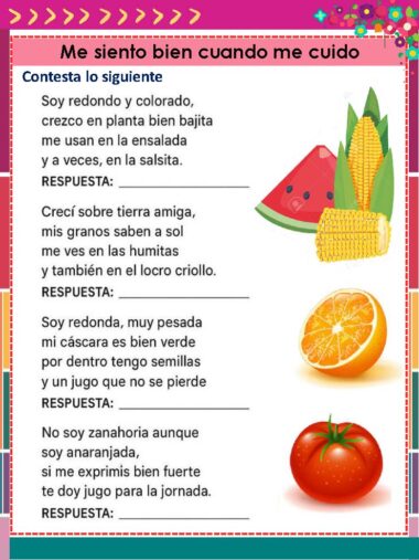 Una colorida hoja de ejercicios en español con preguntas e imágenes de sandía, maíz y tomate. Cada pregunta describe una fruta o verdura y pide al lector que adivine de qué se trata, con espacios para escribir las respuestas.