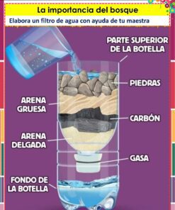 Un diagrama muestra cómo hacer un filtro de agua en una botella de plástico utilizando capas de piedras, arena gruesa, arena fina, carbón vegetal y gasa, vertiendo el agua por la parte superior. El texto está en español.