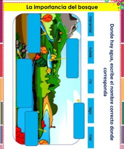 Ilustración de un colorido paisaje forestal con un río, un lago, una cascada, nubes y árboles. Se colocan recuadros azules para etiquetar. Las instrucciones en español piden escribir los nombres correctos donde corresponda.