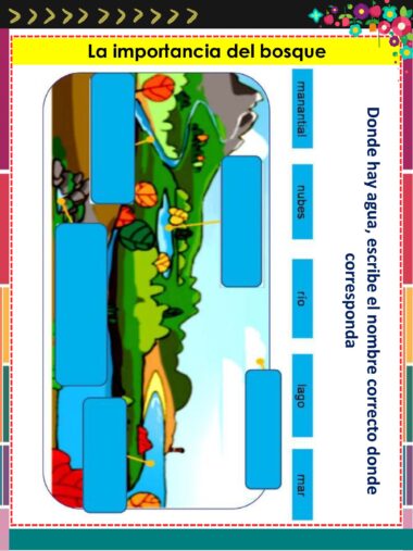 Ilustración de un colorido paisaje forestal con un río, un lago, una cascada, nubes y árboles. Se colocan recuadros azules para etiquetar. Las instrucciones en español piden escribir los nombres correctos donde corresponda.