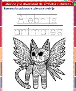 Hoja de trabajo en blanco y negro con un alebrije en forma de gato con alas y dibujos intrincados. El texto dice 