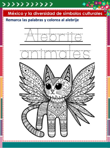 Hoja de trabajo en blanco y negro con un alebrije en forma de gato con alas y dibujos intrincados. El texto dice "Alebrije animales" con líneas de trazado para que los niños practiquen la escritura e instrucciones para trazar y colorear el alebrije.