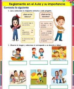 Ficha educativa en español sobre las normas de la clase, con niños de dibujos animados, preguntas sobre derechos y deberes, y cuatro imágenes en la parte inferior para realizar actividades de emparejamiento relacionadas con los derechos o las responsabilidades.