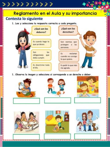 Ficha educativa en español sobre las normas de la clase, con niños de dibujos animados, preguntas sobre derechos y deberes, y cuatro imágenes en la parte inferior para realizar actividades de emparejamiento relacionadas con los derechos o las responsabilidades.
