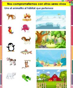 Hoja de actividades que muestra animales y cuatro hábitats: hielo, selva, océano y granja. Entre los animales hay un loro, un pulpo, un pingüino, un perro, una vaca, una cabra, un pez de hielo y un pez payaso, que hay que emparejar con sus hábitats.