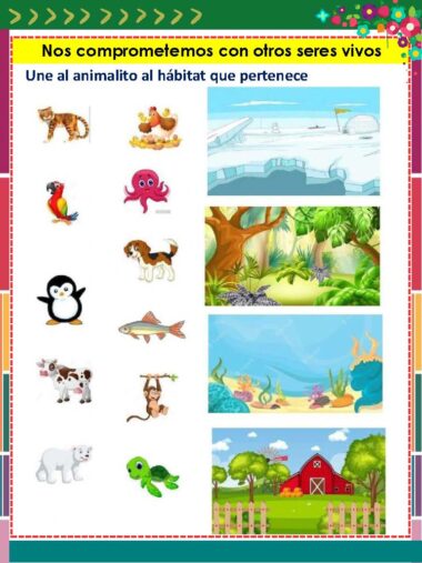 Hoja de actividades que muestra animales y cuatro hábitats: hielo, selva, océano y granja. Entre los animales hay un loro, un pulpo, un pingüino, un perro, una vaca, una cabra, un pez de hielo y un pez payaso, que hay que emparejar con sus hábitats.