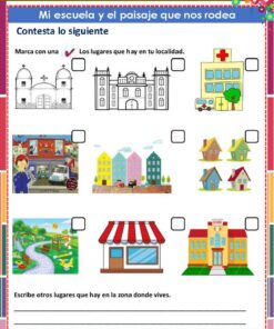 Una colorida hoja de ejercicios en español para niños muestra ilustraciones de lugares como una iglesia, un hospital, un mercado, casas, un parque, tiendas y una escuela, con casillas para marcar y líneas para escribir las respuestas.