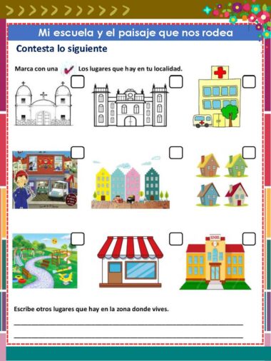 Una colorida hoja de ejercicios en español para niños muestra ilustraciones de lugares como una iglesia, un hospital, un mercado, casas, un parque, tiendas y una escuela, con casillas para marcar y líneas para escribir las respuestas.