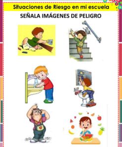 Seis niños de dibujos animados en diversas situaciones: tocar un enchufe, jugar en las escaleras, beber agua, subirse a un armario, correr con unas tijeras y comer. Las imágenes ponen de relieve los peligros potenciales en la escuela.