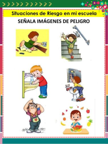 Seis niños de dibujos animados en diversas situaciones: tocar un enchufe, jugar en las escaleras, beber agua, subirse a un armario, correr con unas tijeras y comer. Las imágenes ponen de relieve los peligros potenciales en la escuela.